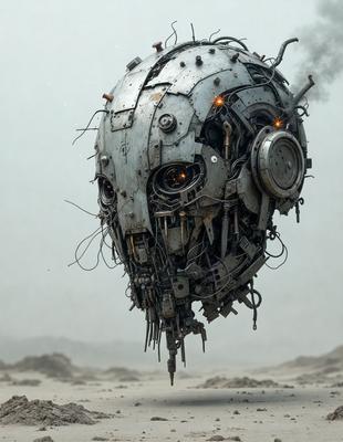 The primary subject of the image is a futuristic, mechanical head with a lot of wires and gears. The head is floating in the air, surrounded by a sandy environment. The visual style of the image is digital art, with a mix of colors and mood, creating a sense of mystery and intrigue.